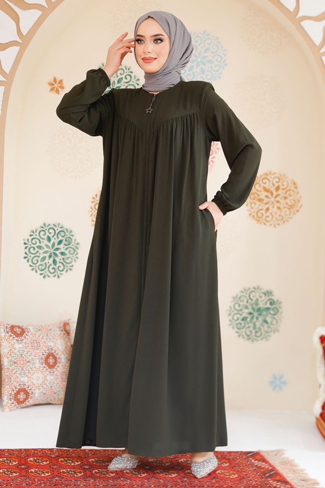 Fermuarlı Haki Tesettür Ferace 45285HK - 2