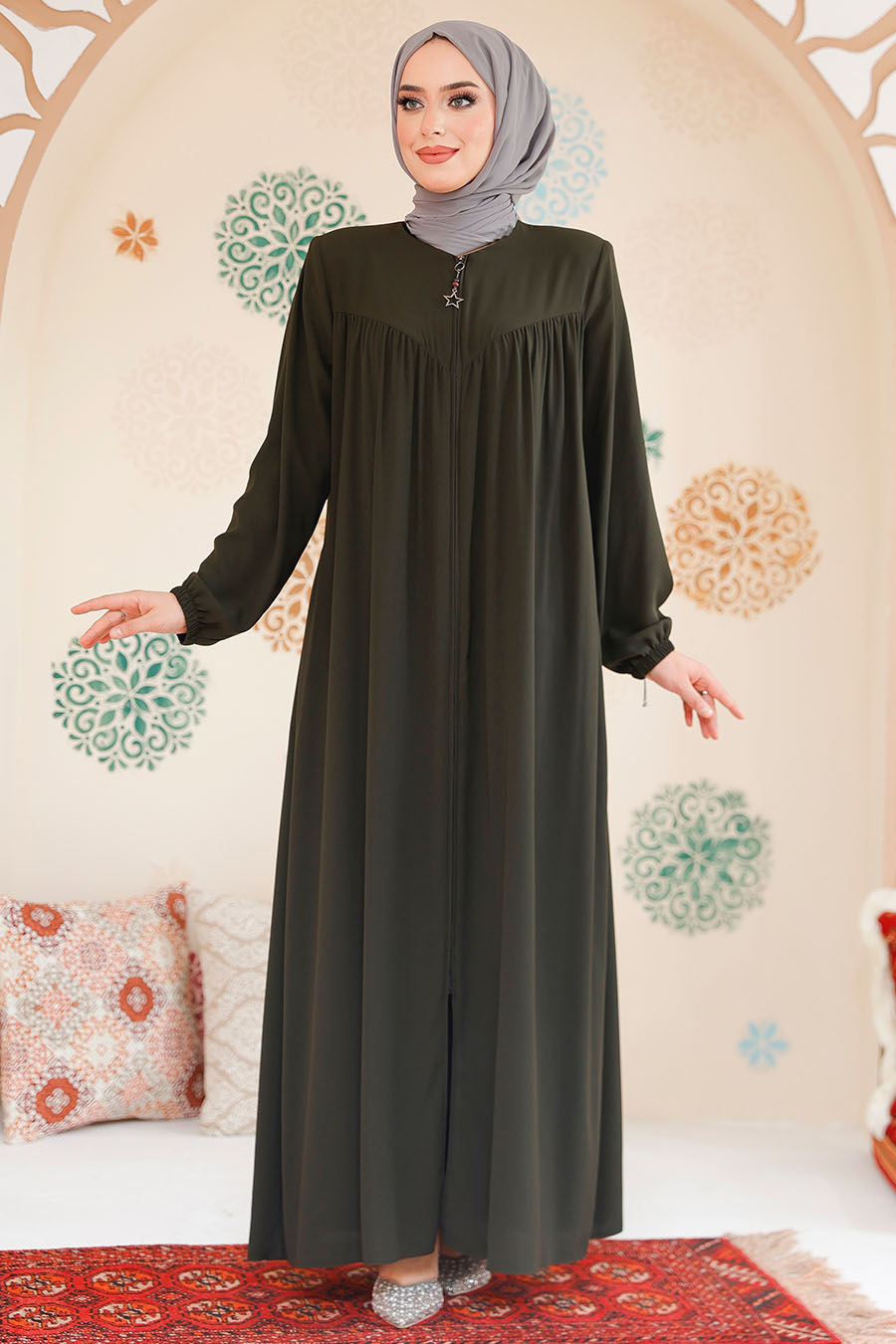 Fermuarlı Haki Tesettür Ferace 45285HK - 3