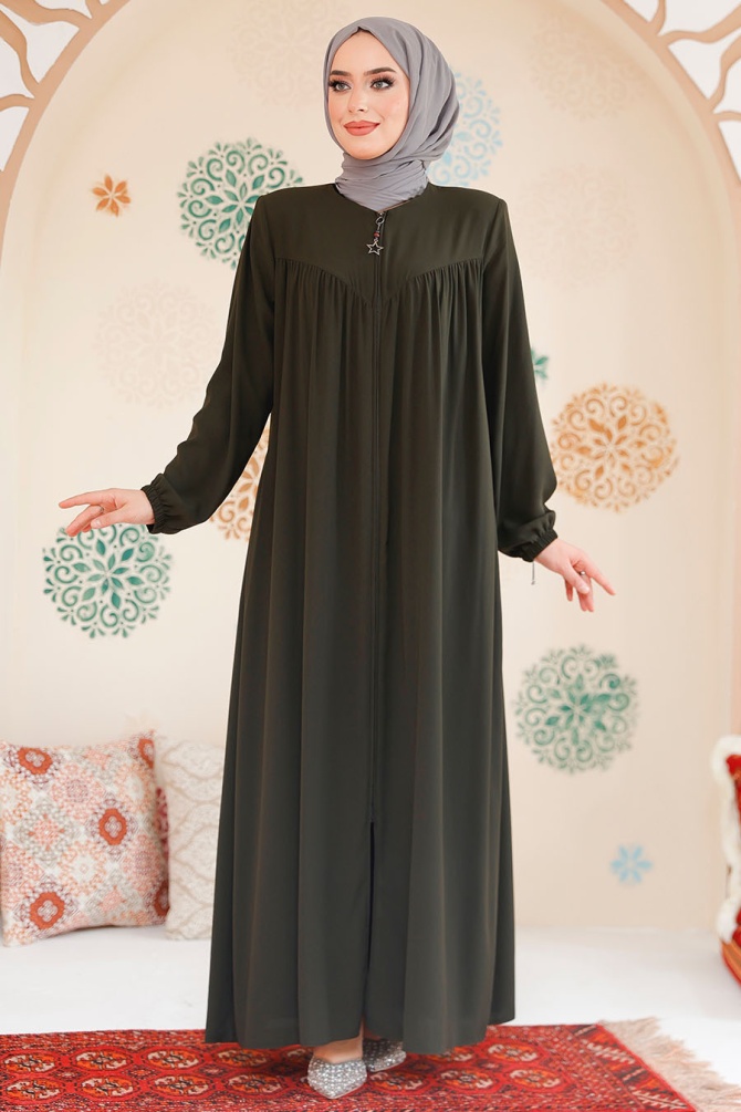 Fermuarlı Haki Tesettür Ferace 45285HK - 3