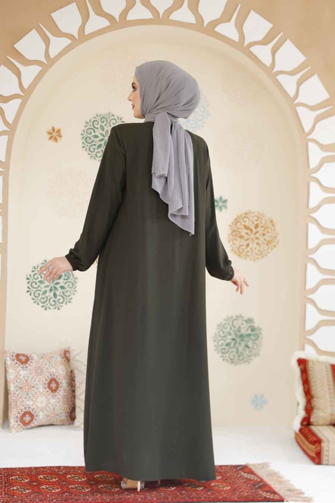 Fermuarlı Haki Tesettür Ferace 45285HK - 4