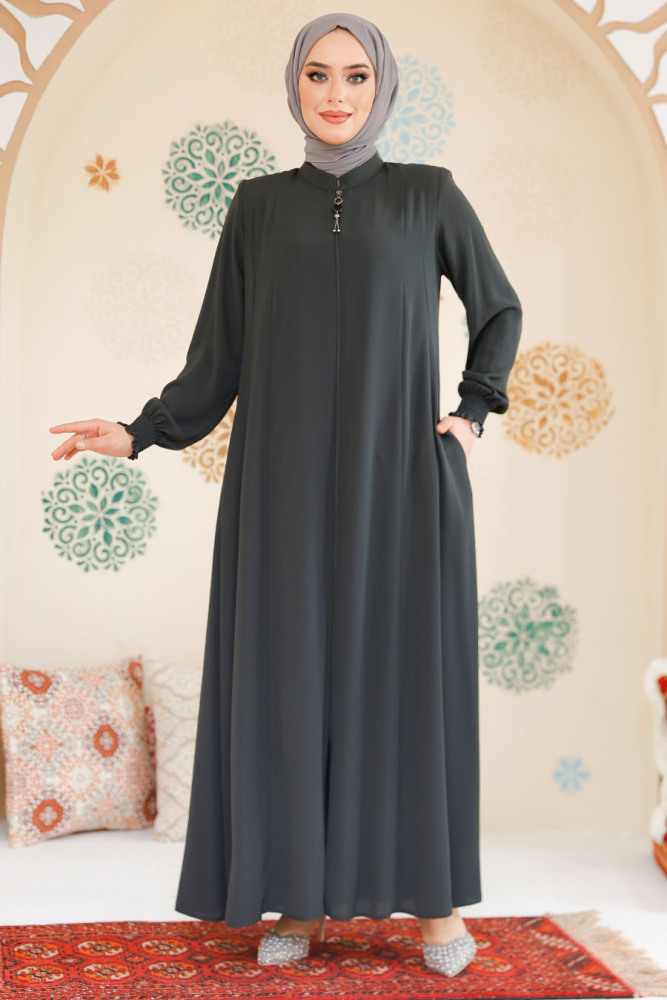 Fermuarlı Haki Tesettür Ferace 45294HK - 3