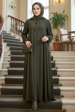 Fermuarlı Haki Tesettür Ferace 45311HK - N.S NEVA STYLE