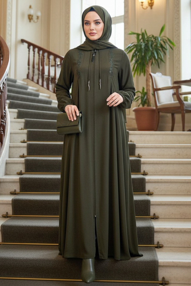 Fermuarlı Haki Tesettür Ferace 45311HK - 1