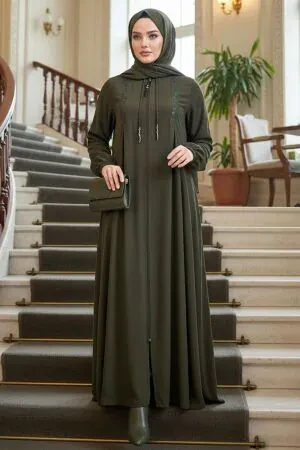 Fermuarlı Haki Tesettür Ferace 45311HK 