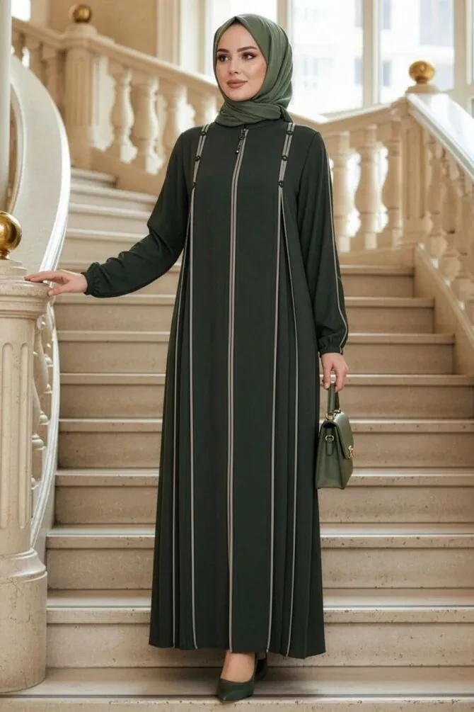 Fermuarlı Haki Tesettür Ferace 45316HK - 1