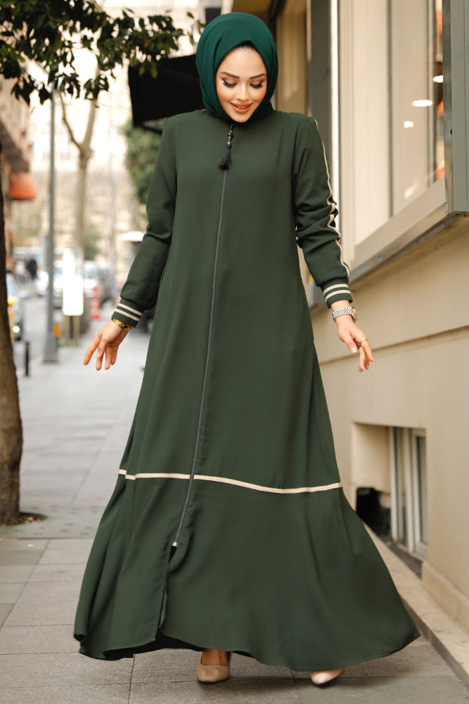 Fermuarlı Haki Tesettür Ferace 62101HK - 2