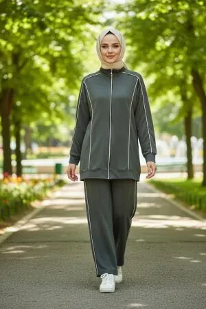 Fermuarlı Haki Tesettür İkili Takım 13361HK 