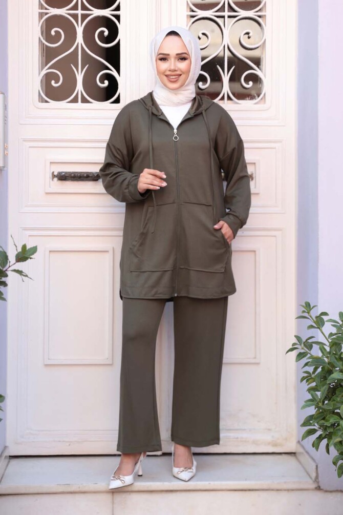 Fermuarlı Haki Tesettür Modal İkili Takım 17461HK - 2