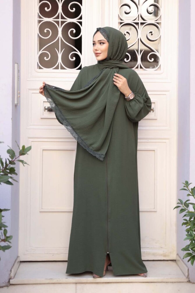 Fermuarlı Haki Tesettür Namaz Elbisesi 73271HK - 1