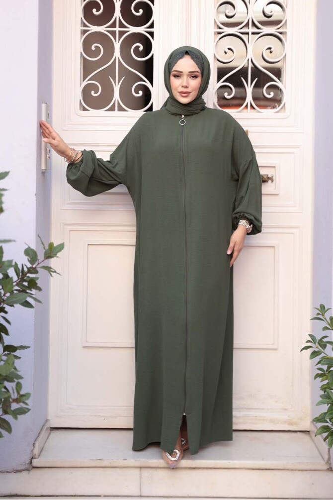 Fermuarlı Haki Tesettür Namaz Elbisesi 73271HK - 3