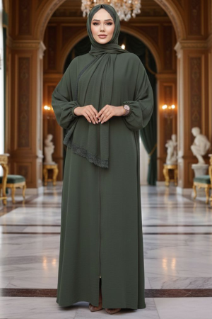 Fermuarlı Haki Tesettür Namaz Elbisesi 73271HK 