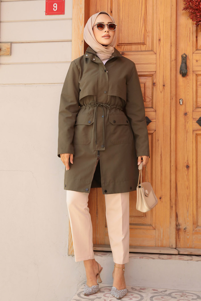 Fermuarlı Haki Tesettür Trençkot 19025HK - NEVA STYLE