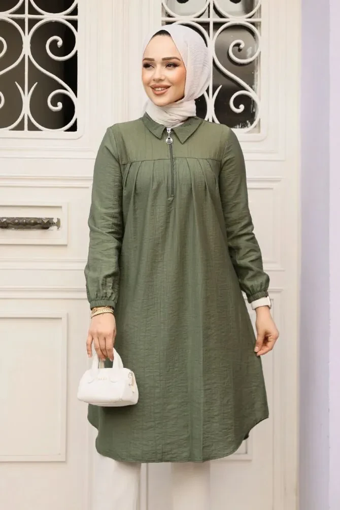 Fermuarlı Haki Tesettür Tunik 1467HK - 1