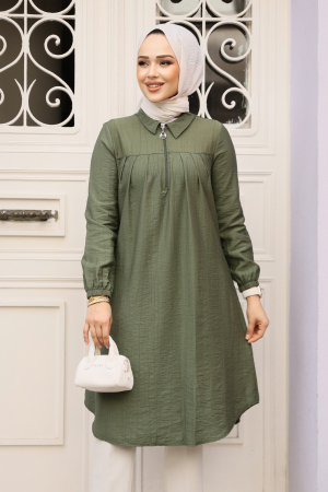 Fermuarlı Haki Tesettür Tunik 1467HK 