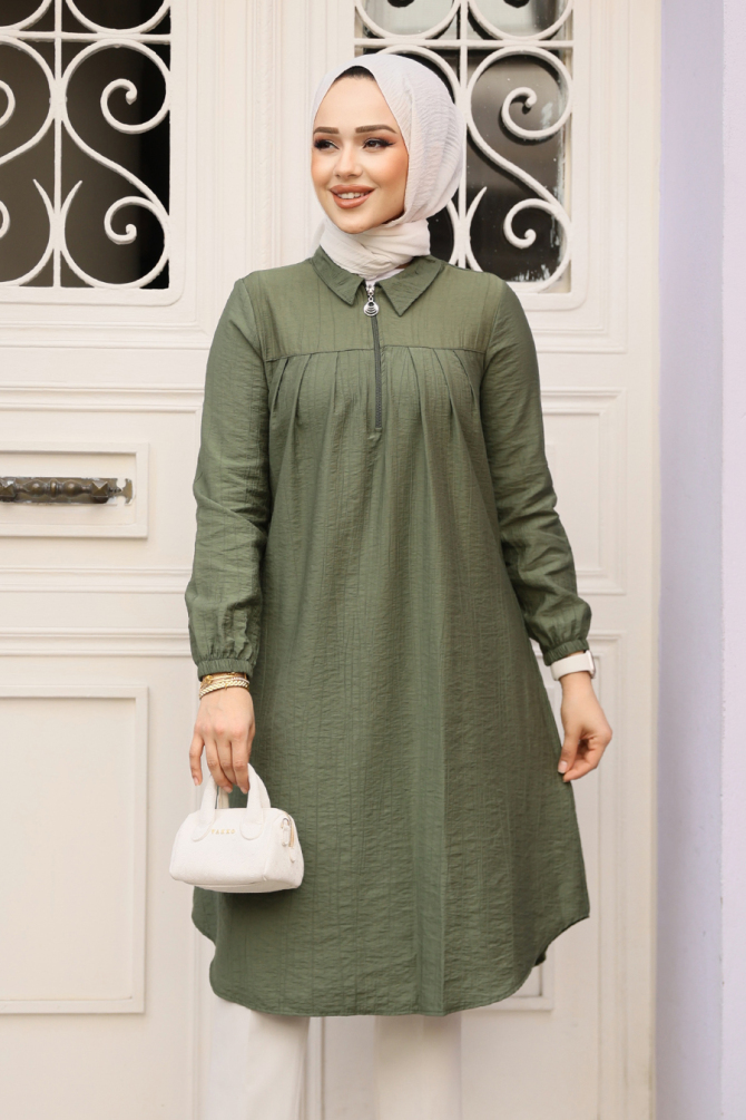 Fermuarlı Haki Tesettür Tunik 1467HK - 1