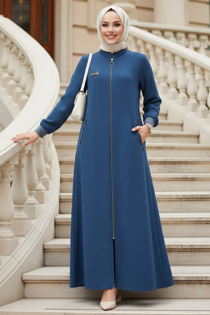 Fermuarlı İndigo Mavisi Tesettür Ferace 26371IM - 1