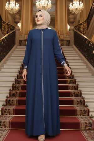 Fermuarlı İndigo Mavisi Tesettür Ferace 26381IM 