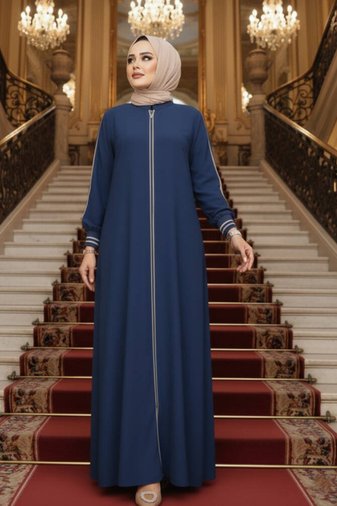 Fermuarlı İndigo Mavisi Tesettür Ferace 26381IM - N.S NEVA STYLE