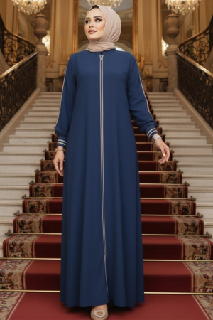 Fermuarlı İndigo Mavisi Tesettür Ferace 26381IM 