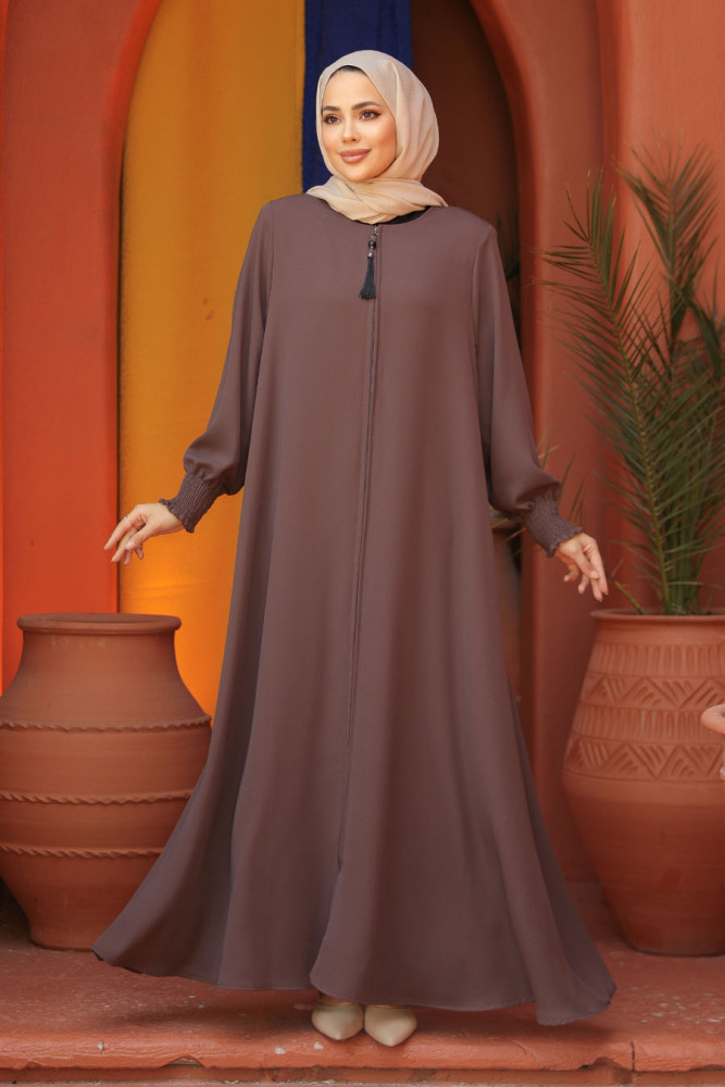 Fermuarlı Kahverengi Tesettür Abaya 26302KH - 2