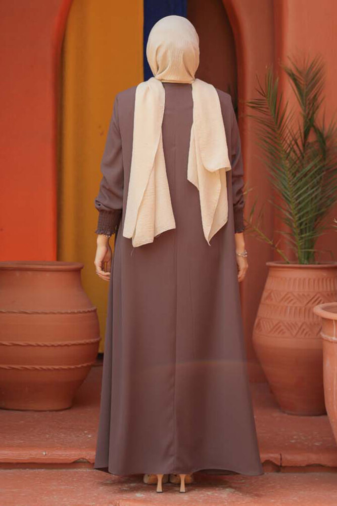 Fermuarlı Kahverengi Tesettür Abaya 26302KH - 3