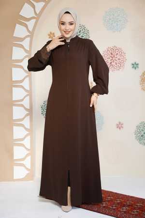 Fermuarlı Kahverengi Tesettür Abaya 35168KH - 3