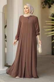 Fermuarlı Kahverengi Tesettür Abaya 45282KH - 3