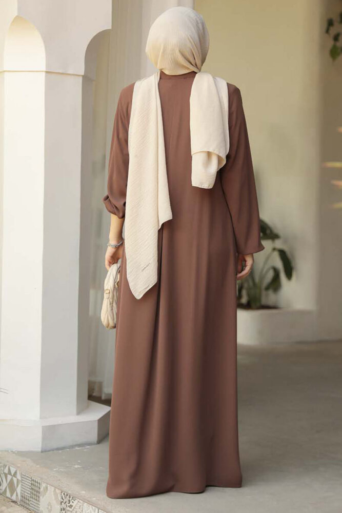 Fermuarlı Kahverengi Tesettür Abaya 45282KH - 4