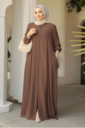 Fermuarlı Kahverengi Tesettür Abaya 45282KH 