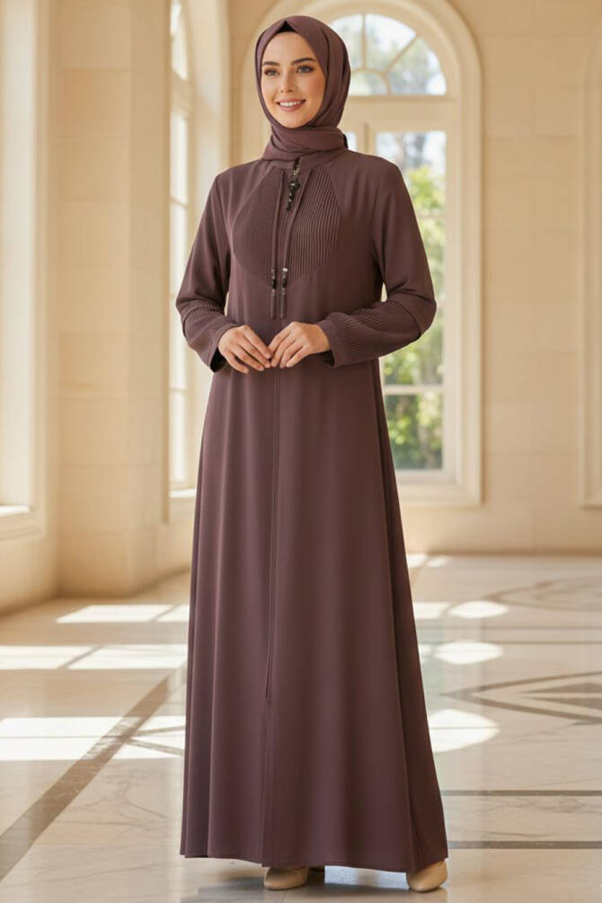 Fermuarlı Kahverengi Tesettür Abaya 45298KH - 1