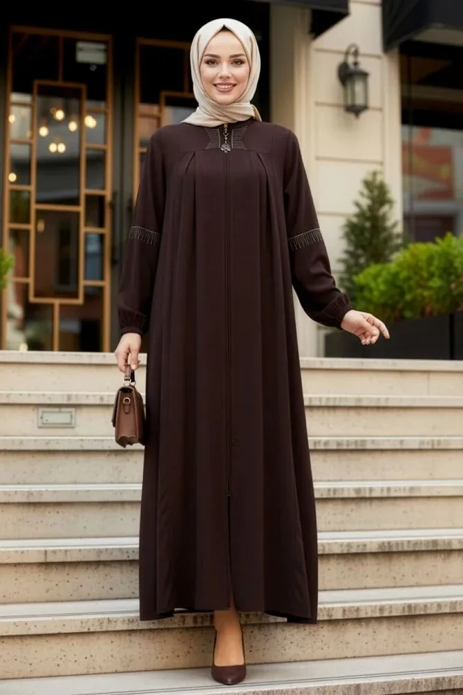 Fermuarlı Kahverengi Tesettür Abaya 45299KH - 1