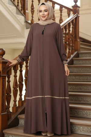 Fermuarlı Kahverengi Tesettür Ferace 26212KH 