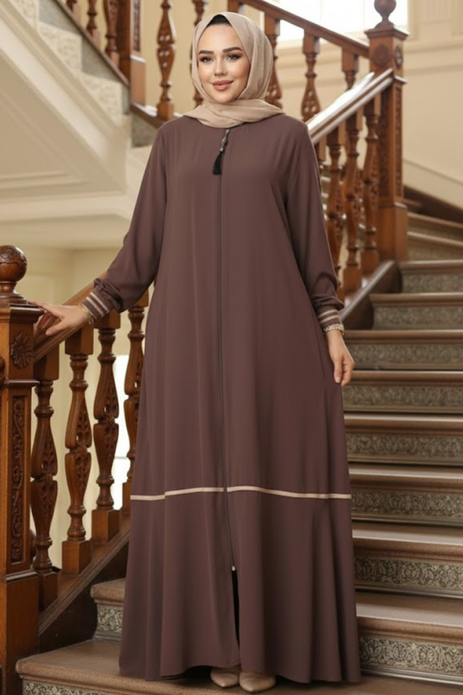 Fermuarlı Kahverengi Tesettür Ferace 26212KH - 1