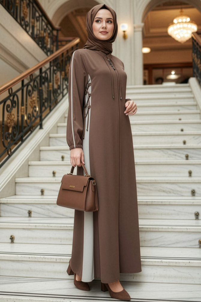 Fermuarlı Kahverengi Tesettür Ferace 45308KH - 1