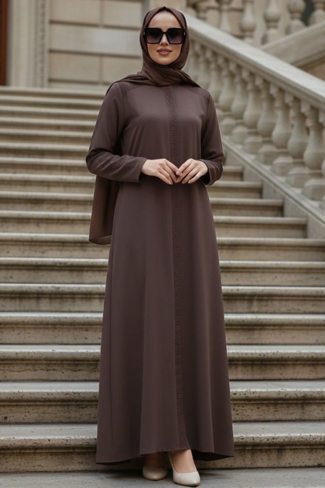 Fermuarlı Kahverengi Tesettür Ferace 45312KH - 1
