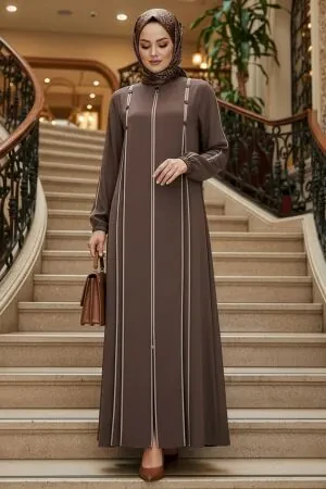Fermuarlı Kahverengi Tesettür Ferace 45316KH 