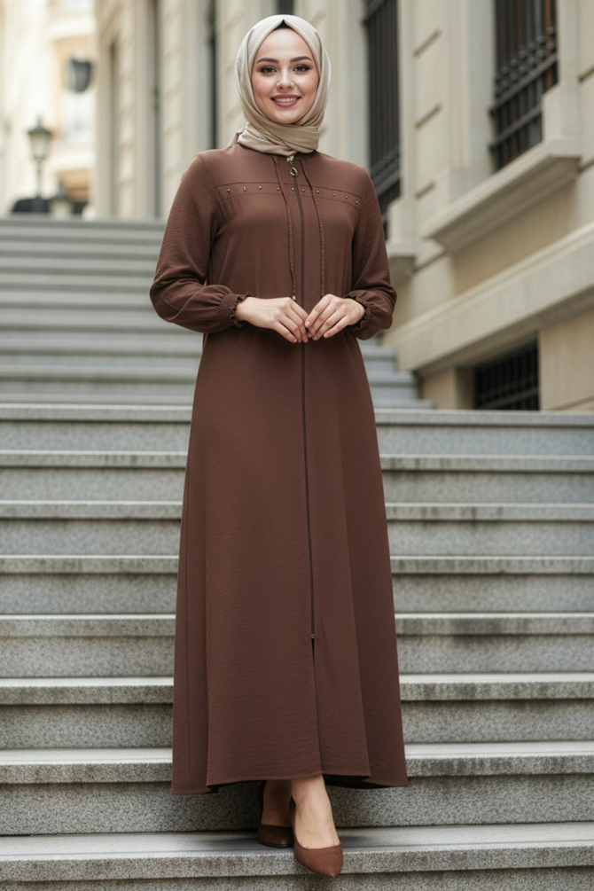 Fermuarlı Kahverengi Tesettür Ferace 85101KH - N.S NEVA STYLE