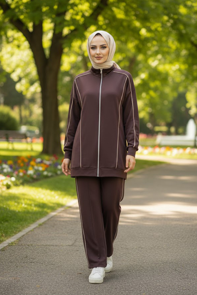 Fermuarlı Kahverengi Tesettür İkili Takım 13361KH - N.S NEVA STYLE