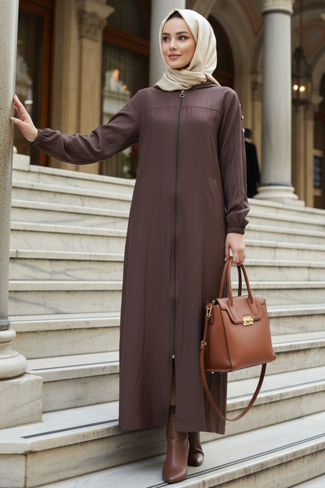 Fermuarlı Kahverengi Tesettür Kap 53931KH - N.S NEVA STYLE