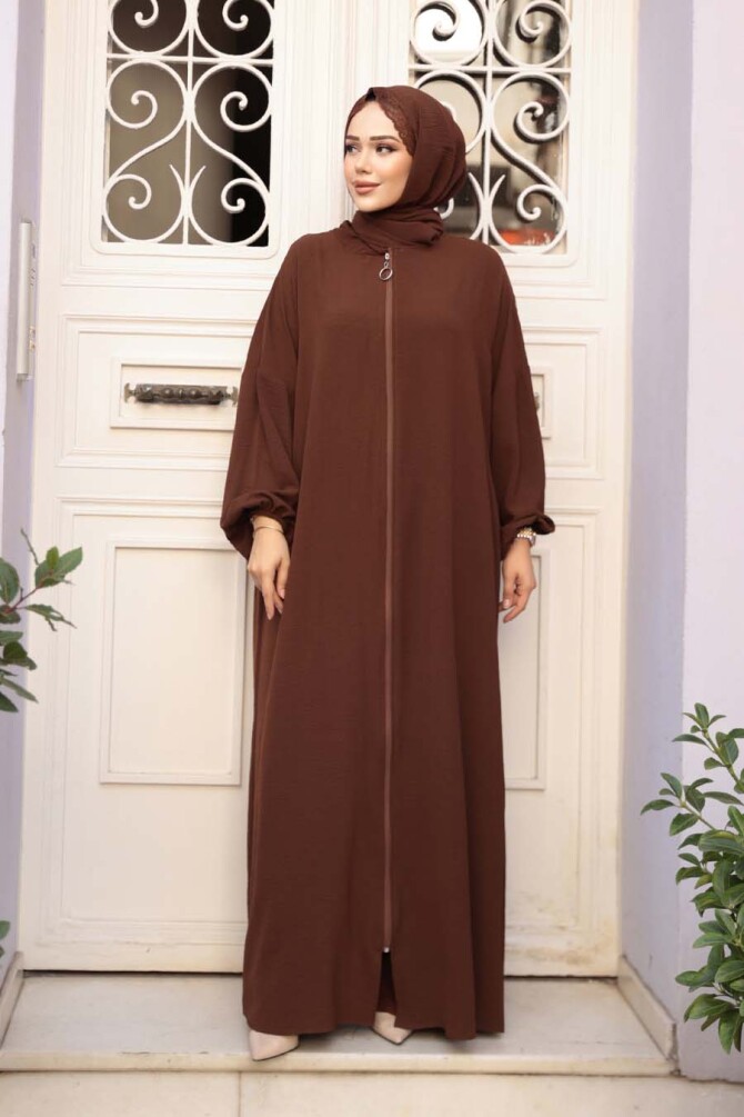 Fermuarlı Kahverengi Tesettür Namaz Elbisesi 73271KH - N.S NEVA STYLE