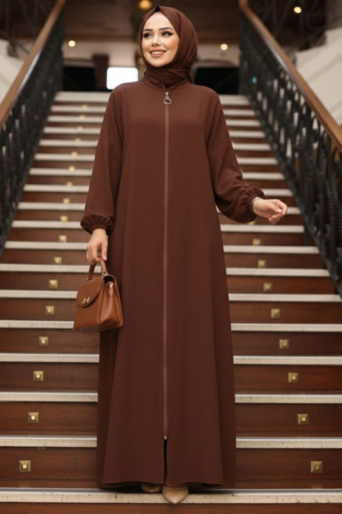 Fermuarlı Kahverengi Tesettür Namaz Elbisesi 73271KH - 1