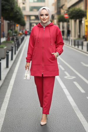 Fermuarlı Kırmızı Tesettür İkili Takım 10400K - 1