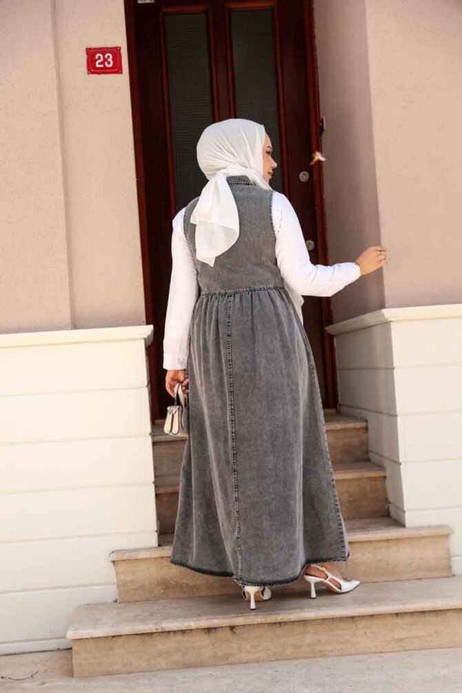 Fermuarlı Kot Antrasit Tesettür Jile Elbise 19135ANT - 4