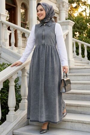 Fermuarlı Kot Antrasit Tesettür Jile Elbise 19135ANT - NEVA STYLE