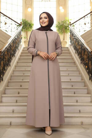 Fermuarlı Koyu Bej Tesettür Ferace 26381KBEJ 
