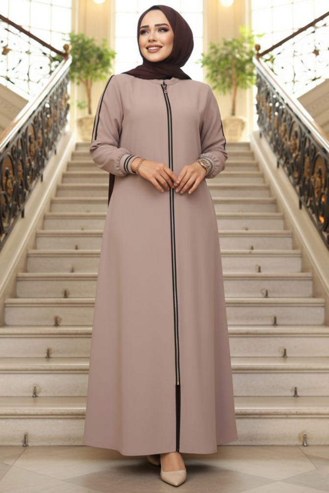Fermuarlı Koyu Bej Tesettür Ferace 26381KBEJ - 1