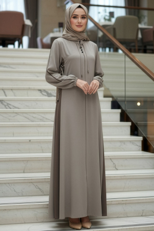 Fermuarlı Koyu Bej Tesettür Ferace 45308KBEJ - N.S NEVA STYLE