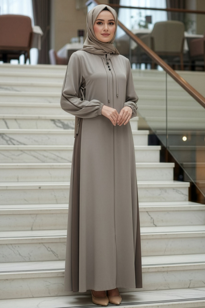 Fermuarlı Koyu Bej Tesettür Ferace 45308KBEJ - 1