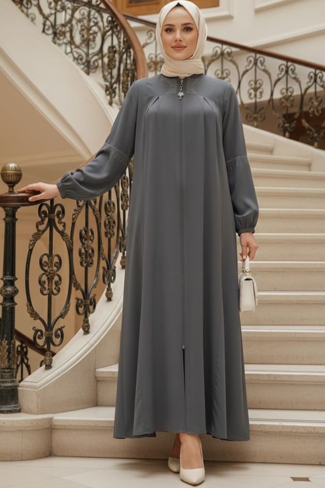 Fermuarlı Koyu Füme Tesettür Abaya 45299KFU - N.S NEVA STYLE