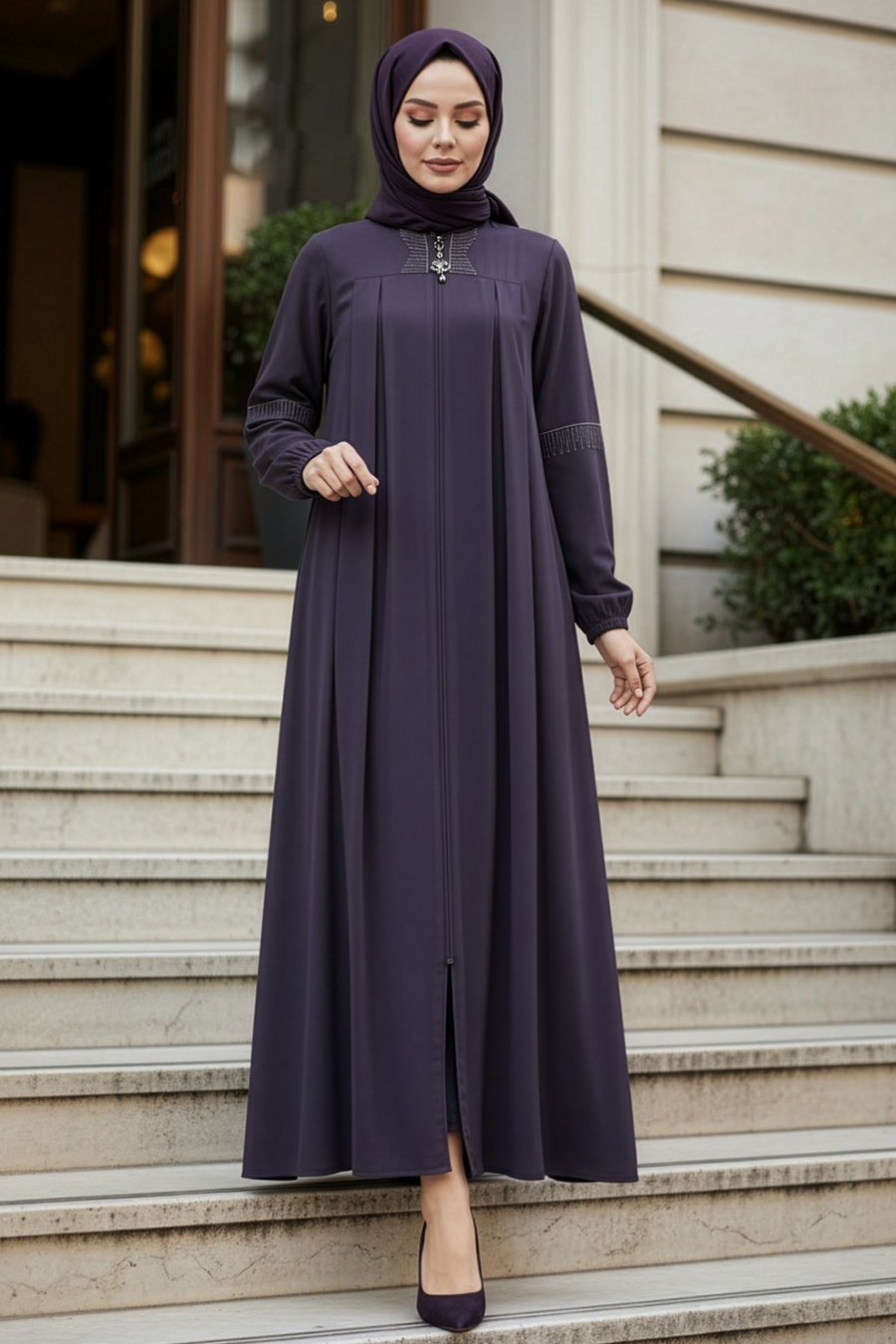 Fermuarlı Koyu Füme Tesettür Abaya 45299KFU